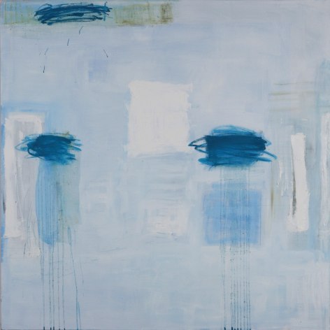 Katherine Parker, All that Follows, 2018, Oil on canvas, 60 x 60 inches. Abstract work with light blue, white and darker blue organic and gestural shapes.Katherine Parker is known for her large vividly painted canvases which are characterized by layers of stumbled and abraded oil paint.