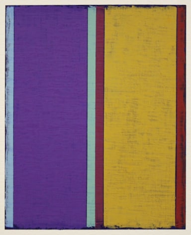 Steven Alexander, P2-18, Oil and acrylic on paper, 10 x 8 inches. Two vertical rectangles in purple and yellow that are divided by green and magenta stripes of color.  Steven Alexander is an American artist who makes abstract paintings characterized by luminous color, sensuous surfaces and iconic configurations.