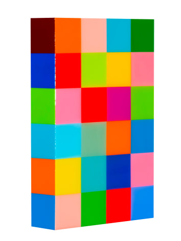 Heidi Spector, Deep In The Heart of Me I, 2019, Liquitex with resin on Birch panel,18 x 12 x 3 inches, Signed, titled and dated on the verso, Vertical panel with bright and colorful cubes set in a glass-like surface, Heidi Spector creates geometric minimalist art inspired by musical rhythms that are composed of repetitive cubes in candy-like colors that vibrate.