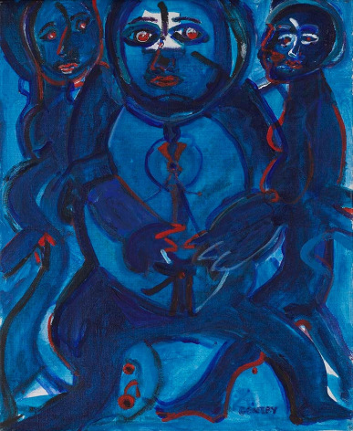 Herbert Gentry, One Plus Two, 1983, Acrylic on canvas,  24 x 20 inches, Signed lower right: Gentry. Abstract portrait with deep blues and red.. Herbert Gentry painted in a semi-figural abstract style, suggesting images of humans, masks, animals and objects caught in a web of circular brush strokes, encompassed by flat, bright color.