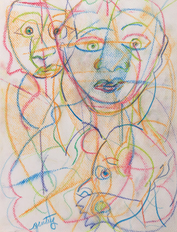 Herbert Gentry, Dialogue Series F, 1993,  Pastel and colored pencil on paper, 12 x 9 1/2 inches,  Signed lower left. Abstract drawing with what appears to be three faces, made of red, blue, yellow, and green marks. Herbert Gentry painted in a semi-figural abstract style, suggesting images of humans, masks, animals and objects caught in a web of circular brush strokes, encompassed by flat, bright color.