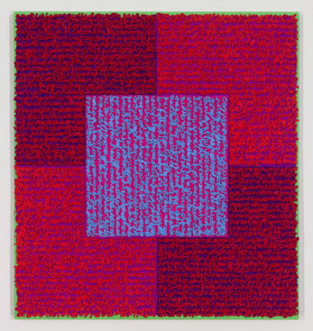 Louise P. Sloane, DRVBS, 2015, Acrylic paint and pastes on aluminum panel, 26 x 24 inches, signed, titled and dated on the verso, SOLD, four rectangles and a central square (magenta, and purple) with personal text written over the squares in pink and blue to create three dimensional texture. Louise P. Sloane has been creating abstract paintings since 1974, embracing minimalist techniques and the beauty of color and texture.
