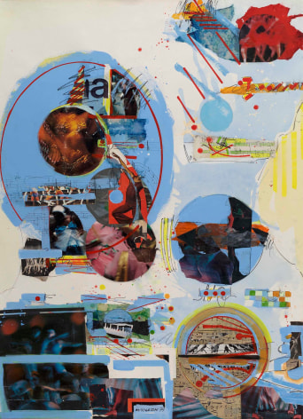 Sam Middleton Dans Klass, 1979, Mixed media collage, 41 x 30 inches, Signed and dated lower center, MIDDLETON 79 Signed, titled, and numbered verso. Collage work with light blue spheres and overlapping photographs cut into the same spherical shape. Sam Middleton was one of the leading 20th-century American artists, and is a mixed-media collage artist