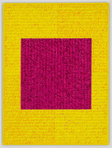 Louise P. Sloane, Celeste, 2018, Acrylic paints and pastes on linen, 48 x 36 inches, rectangle and a central square (magenta, and yellow) with personal text written in orange and dark red over the squares to create three dimensional texture. Louise P. Sloane has been creating abstract paintings since 1974. Her works focus on geometric forms while celebrating color and texture.