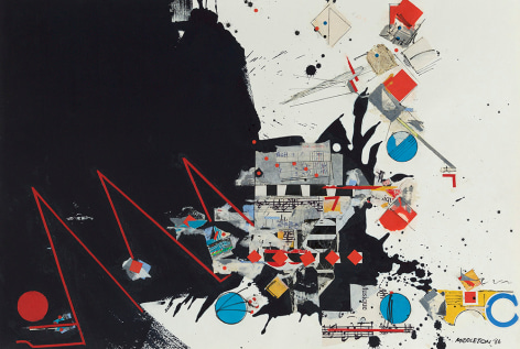 Sam Middleton,  Musique, 1986,  Mixed media and collage on paper,  20-1/2 x 30-1/4 inches,  Signed and dated lower right. Abstract piece with primary colors and abstract shapes; including spheres, triangles and squares. Sam Middleton was one of the leading 20th-century American artists, and is a mixed-media collage artist.