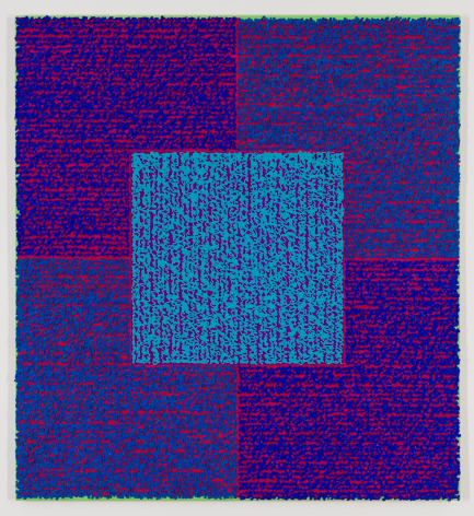 CCBAS, 2013, Acrylic paints and pastes on bent aluminum panel, 50 x 46 x 3/8 inches, four rectangles and a central square (blue, purple, light blue) with personal text written in red over the squares to create three dimensional texture. Louise P. Sloane has been creating abstract paintings since 1974.