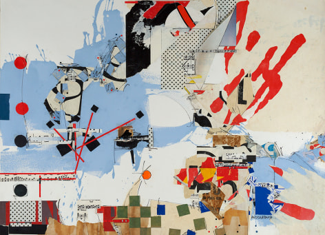 Sam Middleton, Polka Dots, 1991, Mixed media collage, 30 3/8 x 41 5/8 in., Signed and dated, lower right. Abstract and gestural work with red, black and white painterly marks, slashes, splatters and circles. Sam Middleton was one of the leading 20th-century American artists, and is a mixed-media collage artist.