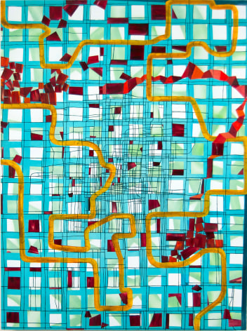 Lisa Corinne Davis, Quixotic Rationale, 2017, Oil on canvas, 40 X 30-1/2 inches, Thick blue grid lines with a curving yellow line and maroon boxes on top, Lisa Corinne Davis&rsquo;s paintings show her fluency in adapting abstract forms to express meaning.