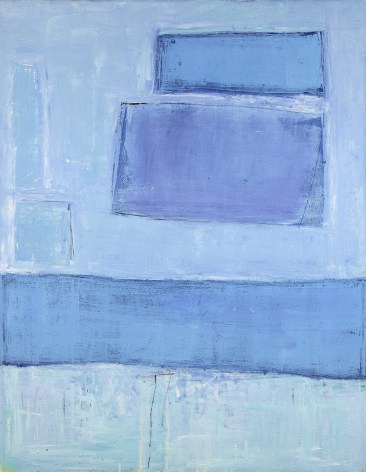Katherine Parker, Pale Edges, 2017, Oil on canvas, 48 x 36 in..  Abstract work with different hues of blue in organic and gestural shapes. Katherine Parker is known for her large vividly painted canvases which are characterized by layers of stumbled and abraded oil paint.