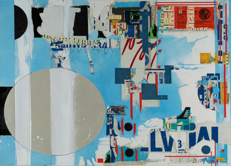 Sam Middleton, Ella, 1998,  Mixed media and collage on paper,  30-1/2 x 42-1/4,  Signed dna dated lower right. Collage with  blue, grey, and white layered over typography. Sam Middleton was one of the leading 20th-century American artists, and is a mixed-media collage artist.