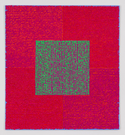 Louise P. Sloane, The Mighty Atom, 2014, Acrylic paints and pastes on aluminum panel, 50 inches x 46 inches, four rectangles and a central square (magenta and pink) with personal text written in green over the squares to create three dimensional texture. Louise P. Sloane has been creating abstract paintings since 1974. Her works focus on geometric forms while celebrating color and texture.