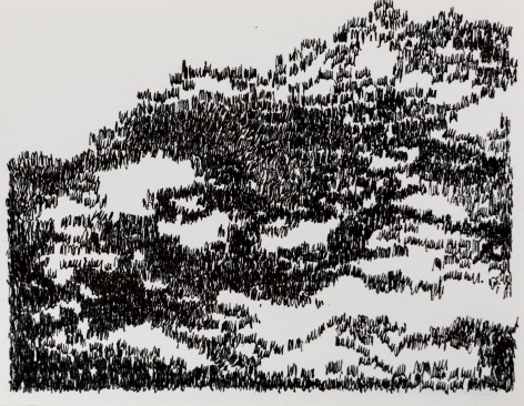 Felrath Hines, Untitled, 1977, Ink on paper,  5 x 6.5 inches, Unsigned. Abstract ink image with stacks of small squiggles. Felrath Hines worked to create universal visual idioms from a place of complex personal experience. His figurative and cubist-style artwork morphed into soft-edged organic abstracts as he grappled with hues in his chosen oil medium.