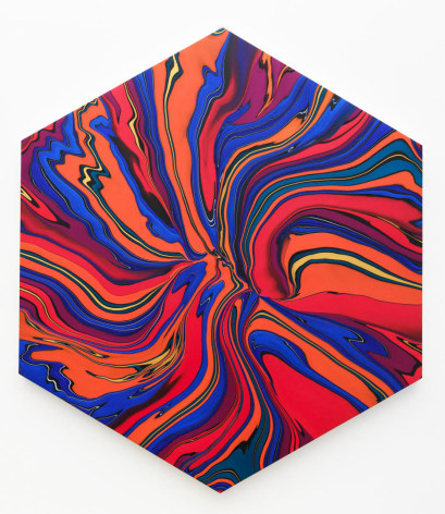 Andy Moses, Geodynamics 1701, 2019  Acrylic on canvas stretched over hexagonal shaped wood panel  76 x 67 inches