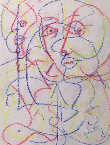 Herbert Gentry, Dialogue Series A, 1933, Pastel on Paper, 12 x 9 1/2 inches, Outlined portraits in red, blue and yellow. Herbert Gentry painted in a semi-figural abstract style, suggesting images of humans, masks, animals and objects caught in a web of circular brush strokes, encompassed by flat, bright color.