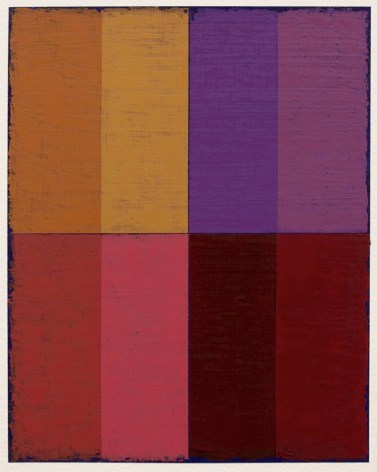 Steven Alexander, P16-18, 2018, Oil &amp; acrylic on paper, 10 x 8 inches. Eight equal sized rectangles, in orange, yellow, purple and lavender stacked on top of; red, pink, maroon and deep red. Steven Alexander is an American artist who makes abstract paintings characterized by luminous color, sensuous surfaces and iconic configurations.