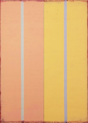 Steven Alexander,  VOICE 2, 2015, Oil &amp; acrylic on canvas, 42 x 30 inches, Vertical rectangles, peach and yellow with rough edges, Steven Alexander is an American artist who makes abstract paintings characterized by luminous color, sensuous surfaces and iconic configurations.