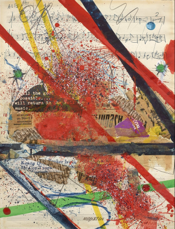 Sam Middleton, Slashes of Sound, 1967, Mixed media collage, 9-1/2 x 12 inches, Lower center and dated, Middleton 67, Vibrant collage with red, green and yellow paint on top of music notes. Sam Middleton was one of the leading 20th-century American artists, and is a mixed-media collage artist.