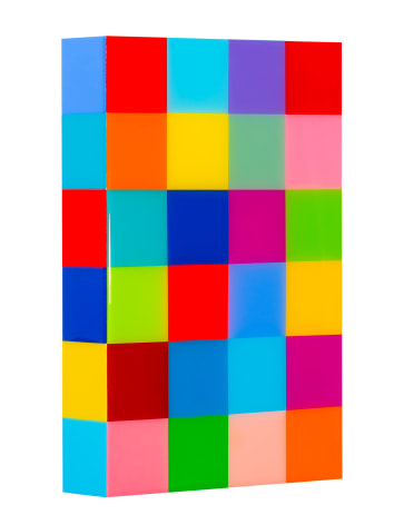 Heidi Spector, Deep In The Heart of Me II, 2019, Liquitex with resin on Birch panel,18 x 12 x 3 inches, Signed, titled and dated on the verso, Vertical panel with bright and colorful cubes set in a glass-like surface, Heidi Spector creates geometric minimalist art inspired by musical rhythms that are composed of repetitive cubes in candy-like colors that vibrate.