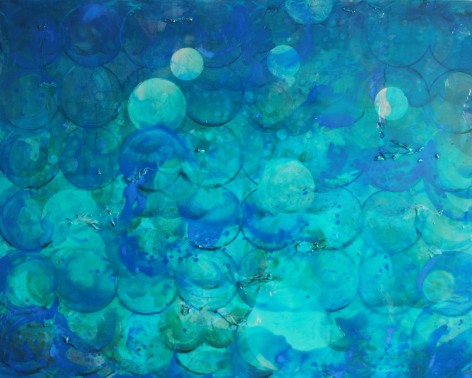 Erin Parish. Windy Ocean, 2017, Oil and resin on wood panel, 48 x 60 in., Signed and dated on verso. Composed principally of fields of blue, aqua, and turqouise circles, Parish&rsquo;s paintings do not have primary focal points, but rather implied depth, created by the use of resin resulting in textured surfaces that guides the eye. Layered and dense, Parish&rsquo;s works convey a distinct tension between the textured surface and the underpainting resulting in structurally rigorous and complex compositions.