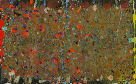 Stanley Boxer, Broiderfries, 1990 Mixed Media on Canvas, 30 x 48 inches, Large abstract painting with red, orange, yellow and hunter green. Layered, textured and thick work. Stanley Boxer was known for abstract work that was painted thickly. His work is part of the permanent collections of many museums.
