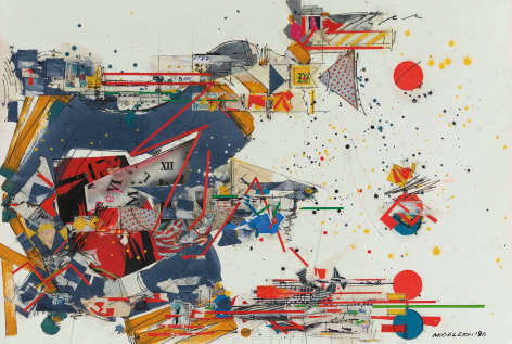 Sam Middleton, Count, 1986 Mixed media collage, 20 3/8 x 30 1/4 inches, Signed and dated lower right. Abstract work with primary colors, geometric spheres, triangles and lines and cut out photographs. Sam Middleton was one of the leading 20th-century American artists, and is a mixed-media collage artist