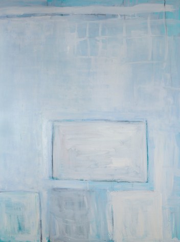 Katherine Parker,  Touching Down, 2017,  Oil on canvas,  80 x 60 inches. Abstract work with pastel blues and white loose rectangles. Katherine Parker is known for her large vividly painted canvases which are characterized by layers of stumbled and abraded oil paint.