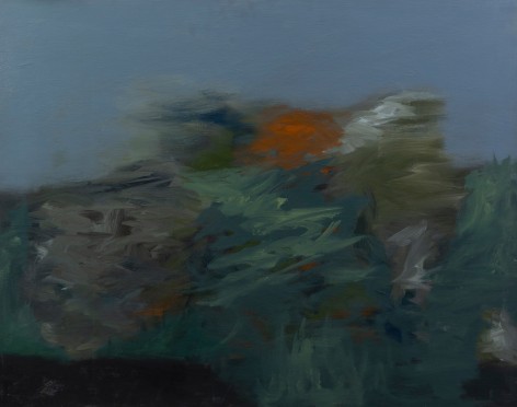Felrath Hines, Landscape, 1959,  Oil on canvas, 29 x 37 inches. Painterly brush strokes in various shades of blue, grey and orange. Felrath Hines worked to create universal visual idioms from a place of complex personal experience. His figurative and cubist-style artwork morphed into soft-edged organic abstracts as he grappled with hues in his chosen oil medium.