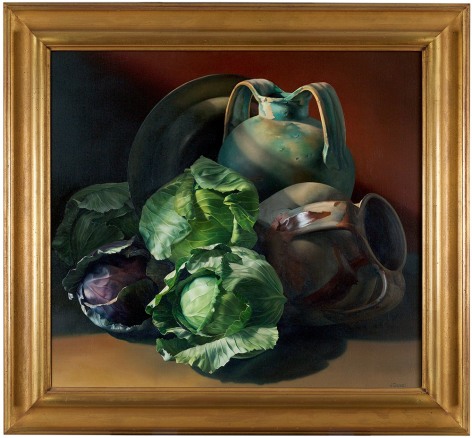 Jeanne Duval, Fuori L'Ombra, 1998,  Oil on linen,  20 1/4 x 25 1/4 inches, Signed lower right. Realistic oil painting of cabbages (green and purple), and pottery. Jeanne Duval creates dramatic still life&rsquo;s that are simultaneously realistic and surrealistic. The extreme detail with which she paints is similar to that of the Dutch masters&rsquo; still life&rsquo;s of the 17th century, meticulously capturing blemishes and imperfections; her objects seem to move beyond the realm of real life.