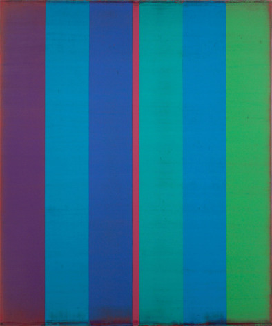 Steven Alexander, Is &amp; Was 25, 2017, Oil and acrylic on linen,60 x 50 inches, 6 Vertical rectangles in purple, blue and green, split in the middle with a pink stripe. Steven Alexander is an American artist who makes abstract paintings characterized by luminous color, sensuous surfaces and iconic configurations.