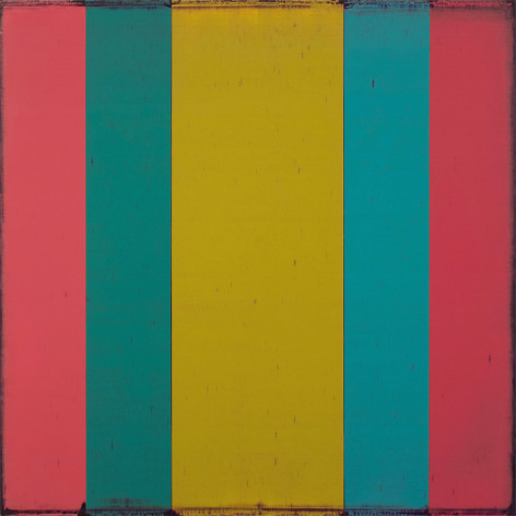 Steven Alexander, Generation 4, 2018, Oil and acrylic on linen, 32 x 32 inches, 5 vertical rectangles in pink, blue and yellow, mirroring each other. Steven Alexander is an American artist who makes abstract paintings characterized by luminous color, sensuous surfaces and iconic configurations.