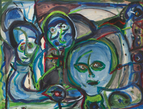 Herbert Gentry, The Ones Around One,  Mixed media on paper,  18 3&frasl;4 x 24 3&frasl;4 inches,  Signed lower left: Gentry. Abstract work with fields of blue, green outlines and red. Herbert Gentry painted in a semi-figural abstract style, suggesting images of humans, masks, animals and objects caught in a web of circular brush strokes, encompassed by flat, bright color.