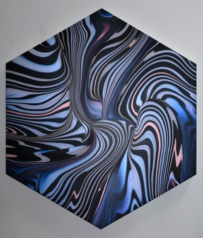 Andy Moses, Geodynamics 1205, 2019 Acrylic on canvas stretched over hexagonal shaped wood panel 60 x 52 inches