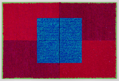 Louise P. Sloane, RRCT, 2018, Acrylic paints and pastes on linen, 48 x 72 inches, four rectangles and a central square (magenta, red and blue with green edges) with personal text written in blue and red over the squares to create three dimensional texture. Louise P. Sloane has been creating abstract paintings since 1974. Her works focus on geometric forms while celebrating color and texture.
