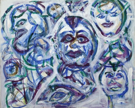 Herbert Gentry, Among My Friends, 2000,   Acrylic on canvas, 24 x 30 inches. Abstract painting with multiple faces painted in thick brush strokes of purple, blue, green and white. Herbert Gentry painted in a semi-figural abstract style, suggesting images of humans, masks, animals and objects caught in a web of circular brush strokes, encompassed by flat, bright color.