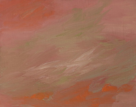 Felrath Hines, Orange with Green, 1963,  Oil on canvas,  13 x 16 inches. Abstract painting with painterly layers of orange, green, white and pink. Felrath Hines worked to create universal visual idioms from a place of complex personal experience. His figurative and cubist-style artwork morphed into soft-edged organic abstracts as he grappled with hues in his chosen oil medium.