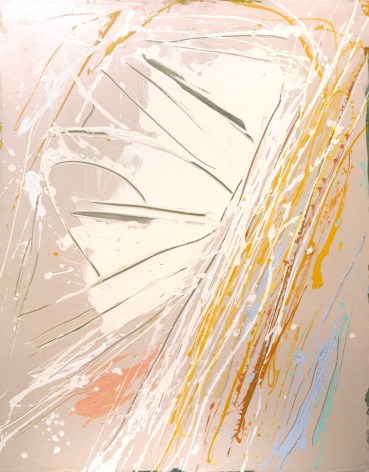 Dan Christensen, Pioneer Flier,  c. 1984, Acrylic on canvas, 62 1/2 x 49 1/2 in., Signed and titled on verso. Abstract and action based work, with blush pink base, and white, orange, yellow and blue details. Dan Christensen pushes the limits of paint and pictorial form creating works that are Post-Painterly Abstraction with methods of action painting and Abstract Expressionism.
