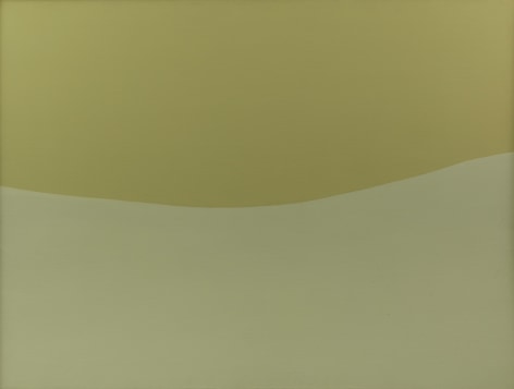 Felrath Hines, Beige Green, 1968, Oil on canvas, 36 x 48 inches. Canvas split in half organically between two hues of green. Felrath Hines worked to create universal visual idioms from a place of complex personal experience. His figurative and cubist-style artwork morphed into soft-edged organic abstracts as he grappled with hues in his chosen oil medium.