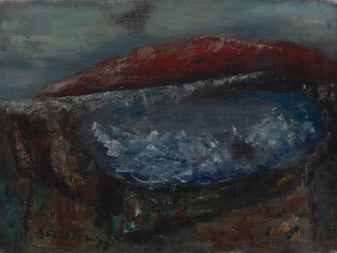 Felrath Hines, Red Hill, 1953, Oil on canvas, 12 x 15 inches. Abstract painting with dark blue, black and red tones. Felrath Hines worked to create universal visual idioms from a place of complex personal experience. His figurative and cubist-style artwork morphed into soft-edged organic abstracts as he grappled with hues in his chosen oil medium.