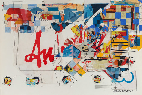 Sam Middleton, Adagio, 1988 Mixed media collage, 20 1/2 x 30 1/4 inches,  Signed and dated lower right. Abstract work with checkered squares, primary colors, and organic shapes. Sam Middleton was one of the leading 20th-century American artists, and is a mixed-media collage artist.