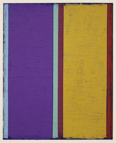 Steven Alexander, P2-18, Oil and acrylic on paper, 10 x 8 inches. Two vertical rectangles in purple and yellow that are divided by green and magenta stripes of color.  Steven Alexander is an American artist who makes abstract paintings characterized by luminous color, sensuous surfaces and iconic configurations.