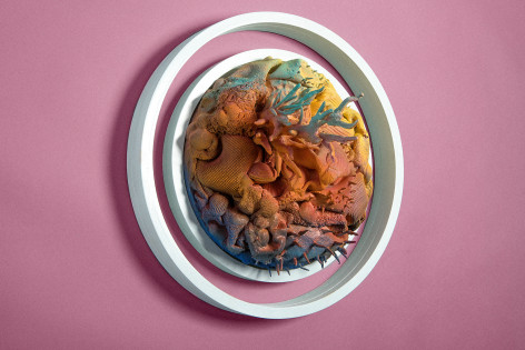 Morel Doucet, Pink Manifesto, 2016 White Earthenware, Glazed &amp; Acrylic Stain 20  inches, 3-D Ceramic circle with ocean flora glazed in vibrant colors. Morel Doucet creates work that combines the natural world with people's inner consciousness inspired by indigenous people of different cultures.