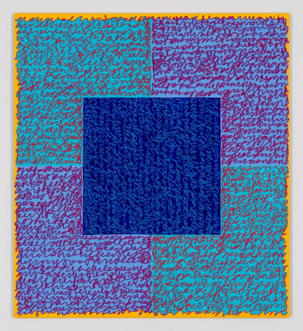 Louise P. Sloane, Fated 5, 2016, Acrylic paint and pastes on aluminum panel, 40 x 36 inches, four rectangles and a central square (teal, blue, and yellow edges) with personal text written over the squares in pink to create three dimensional texture. Louise P. Sloane has been creating abstract paintings since 1974.