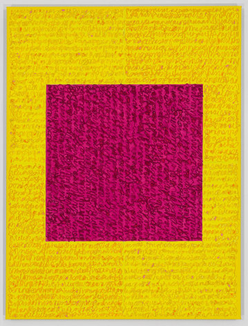 Louise P. Solane, Celeste, 2018, Acrylic paint and pastes on linen, 48 x 36 in., Signed, titled and dated on verso. four rectangles and a central square (yellow and pink) with personal text written in red-orange over the squares to create three dimensional texture. Louise P. Sloane has been creating abstract paintings since 1974. Her works focus on geometric forms while celebrating color and texture.