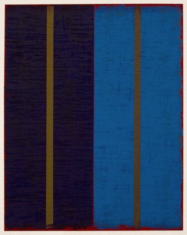Steven Alexander, P5-18, Oil and acrylic on paper, 10 x 8 inches. Vertical canvas, navy blue on left and royal blue on right, with golden strips in the center of each. Steven Alexander is an American artist who makes abstract paintings characterized by luminous color, sensuous surfaces and iconic configurations.