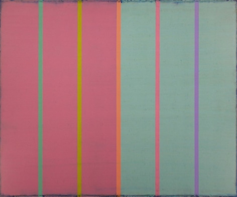 Steven Alexander, TRACER 7, 2017, Oil and acrylic on canvas, 50 x 60 inches. Horizontal canvas split in two, pink and green. On top of these colors are six thin vertical lines in green, yellow, orange, pink and purple. Steven Alexander is an American artist who makes abstract paintings characterized by luminous color, sensuous surfaces and iconic configurations.