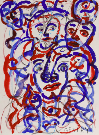 Herbert Gentry, All of Us, 1997, Acrylic, color and graphite on archival board,  12 1/4 x 9 1/4 inches,  Signed lower right. Abstract work made of thick blue and red curved lines that appear to be multiple abstract faces. Herbert Gentry painted in a semi-figural abstract style, suggesting images of humans, masks, animals and objects caught in a web of circular brush strokes, encompassed by flat, bright color.