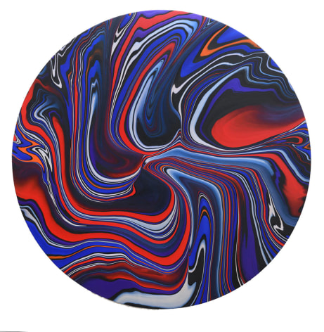 Andy Moses, Geodesy 1208, 2018, Acrylic on canvas, 60 inches in diameter, Abstract and representational painting with red and blue waved lines, Andy Moses is interested in pushing the physical properties of paint through chemical reactions, viscosity interference, and gravity dispersion to create elaborate compositions that mimic nature and its forces.