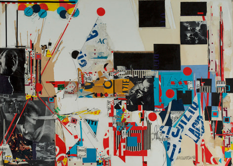 Sam Middleton, Jam session, 1993,  Mixed media and collage on paper,  30-1/2 x 42,  Signed and dated lower right. Collage with black and white photographs, blue type and geometric shapes in primary colors. Sam Middleton was one of the leading 20th-century American artists, and is a mixed-media collage artist.