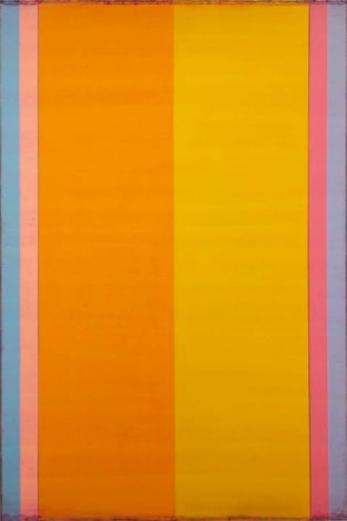 Steven Alexander, Reverb 9, 2017, Oil &amp; acrylic on canvas, 72 x 48 inches, Vertical rectangles, orange and yellow with blue, pink and purple vertical stripes on the side, Steven Alexander is an American artist who makes abstract paintings characterized by luminous color, sensuous surfaces and iconic configurations.