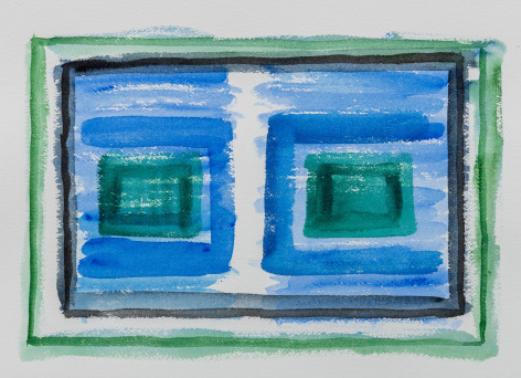 Felrath Hines, Untitled, 1980s,  Watercolor on paper, 10 x 14.25 inches. Blue, green and navy horizontal paint strokes and rectangles. Felrath Hines worked to create universal visual idioms from a place of complex personal experience. His figurative and cubist-style artwork morphed into soft-edged organic abstracts as he grappled with hues in his chosen oil medium.